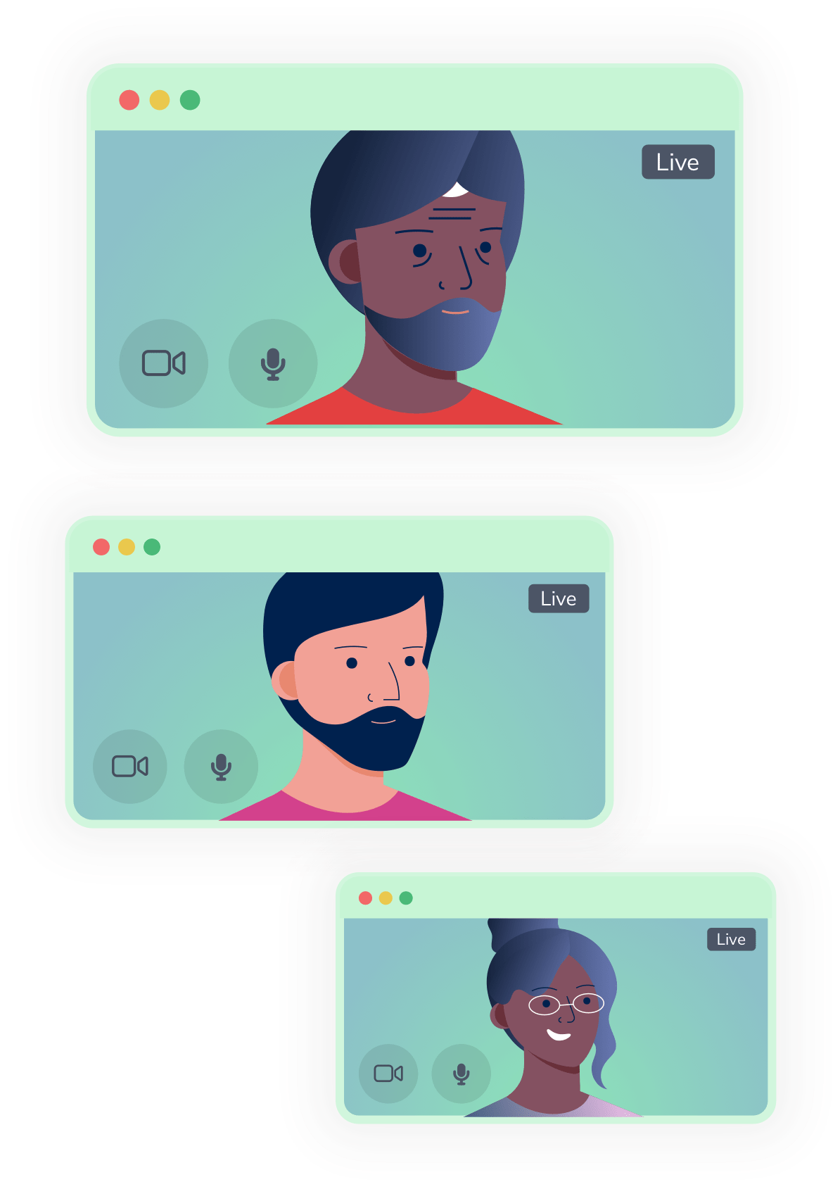 3 people having a video chat in browser windows